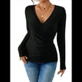 thumbnail image 3 of Camisa de Larga para Mujer, Cuello en V, Punto Acanalado, Suéter Ajustado con Botones, Blusa Informal de Trabajo para Otoño Negro L, 3 of 9