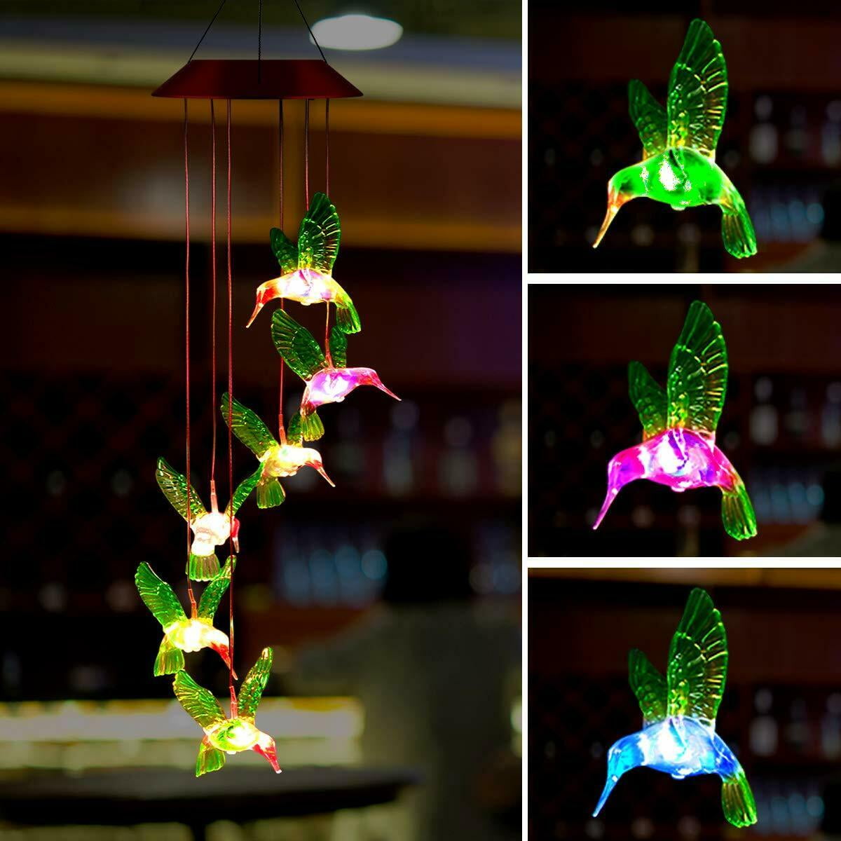LED Hummingbird Wind Chime Solar Powered Lights Color-Changing Yard Garden Decor 