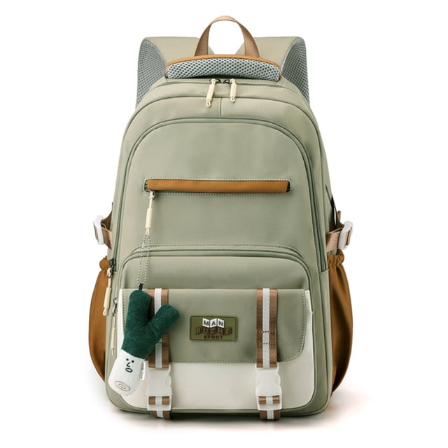 Trendy College-Style Large-Capacity Nylon Backpack with Adjustable Straps, Multiple Pockets (Front, Side, Main, Rear) for School & Travel - Lightweight, Wear-Resistant, 47x29x21CM - Includes Green