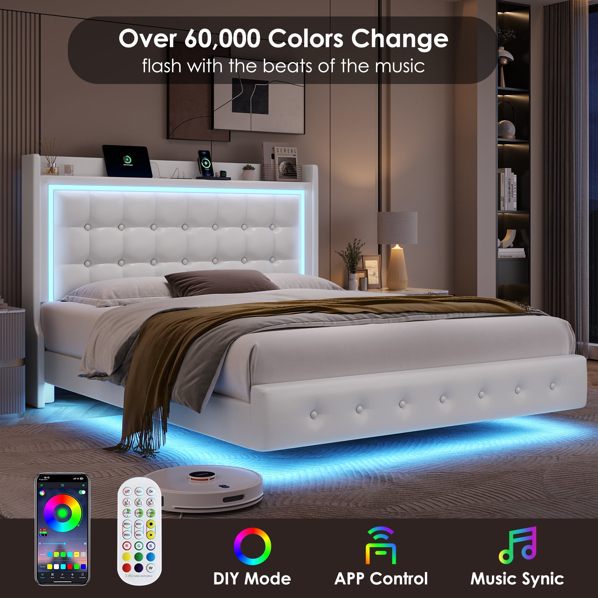 Homfa Full Size Floating Bed with LED Lights Charging Station, Modern PU Upholstered Platform Bed with Storage Headboard, White