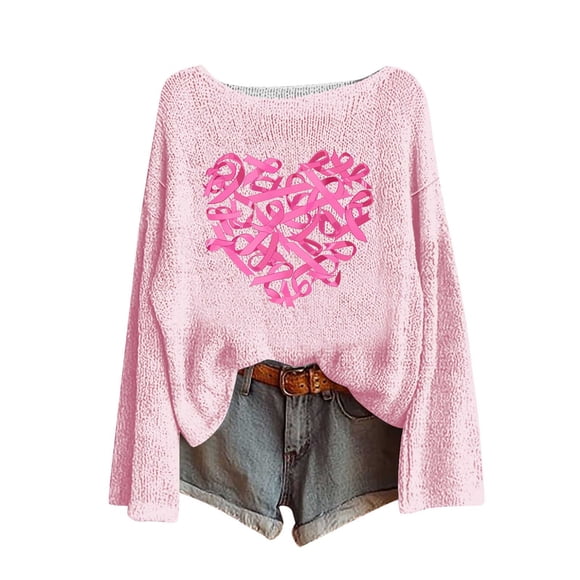 Women's Sweater Long Sleeve Breast Awareness Day Print Round Neck for Fashion Pullover Knitted Top,Sweaters for Women