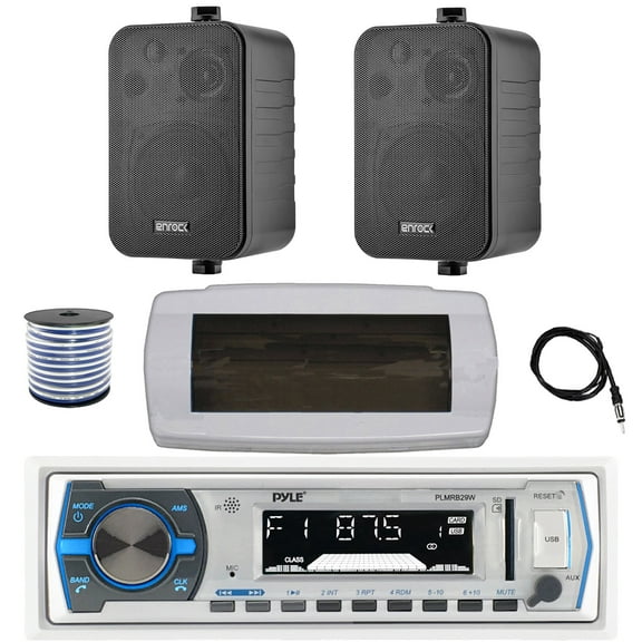 Pyle PLMRB29W Single DIN Bluetooth Marine MP3 AM/FM Stereo Receiver with White Cover, 22" Radio Antenna, Wire, 2x 4" 30 Watt Peak Water-Resistant 3-Way InDoor/OutDoor Audio Speakers (Black)