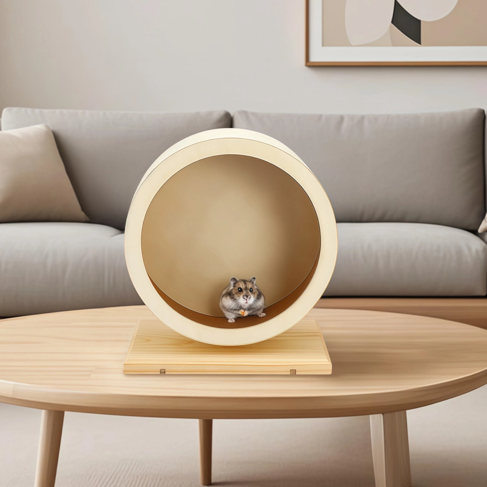 Wooden Hamster Wheel for Dwarf Hamsters, 8.26" Quiet Running Toy with Stand, Ergonomic Design with Cork Pad for Safe Exercise and Dental Care