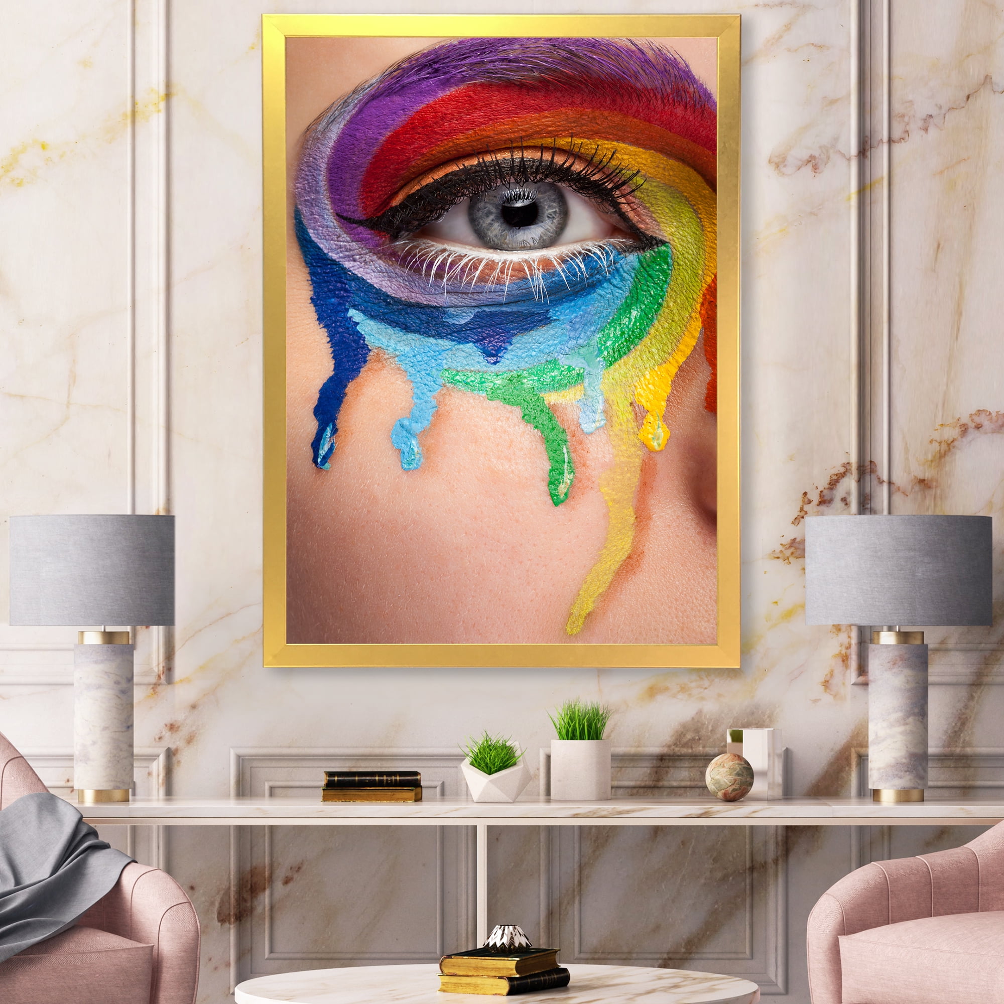 Designart 'Close Up Eye With Colourful Cry In A Wheel Arround' Modern Framed Art Print