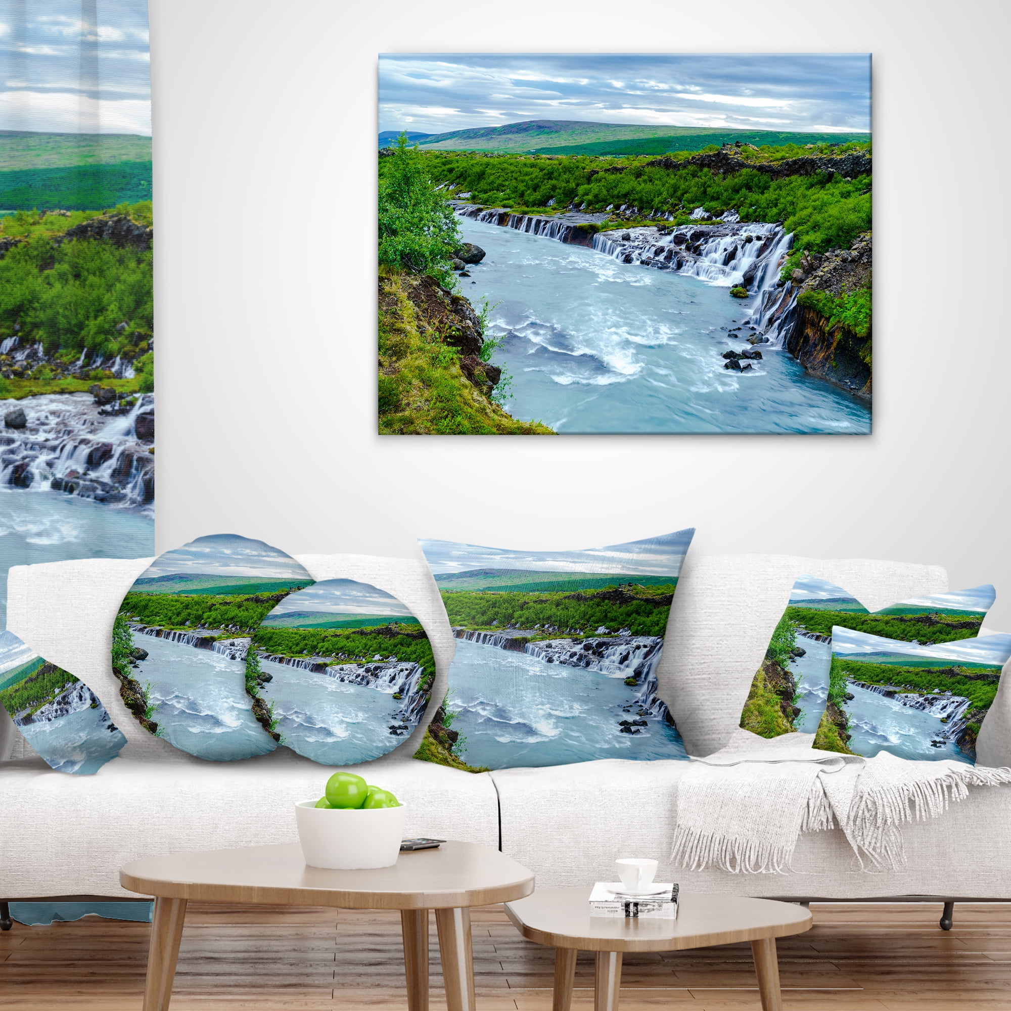 Designart Hraunfossar Waterfall Iceland - Modern Landscape Printed Throw Pillow - 12x20