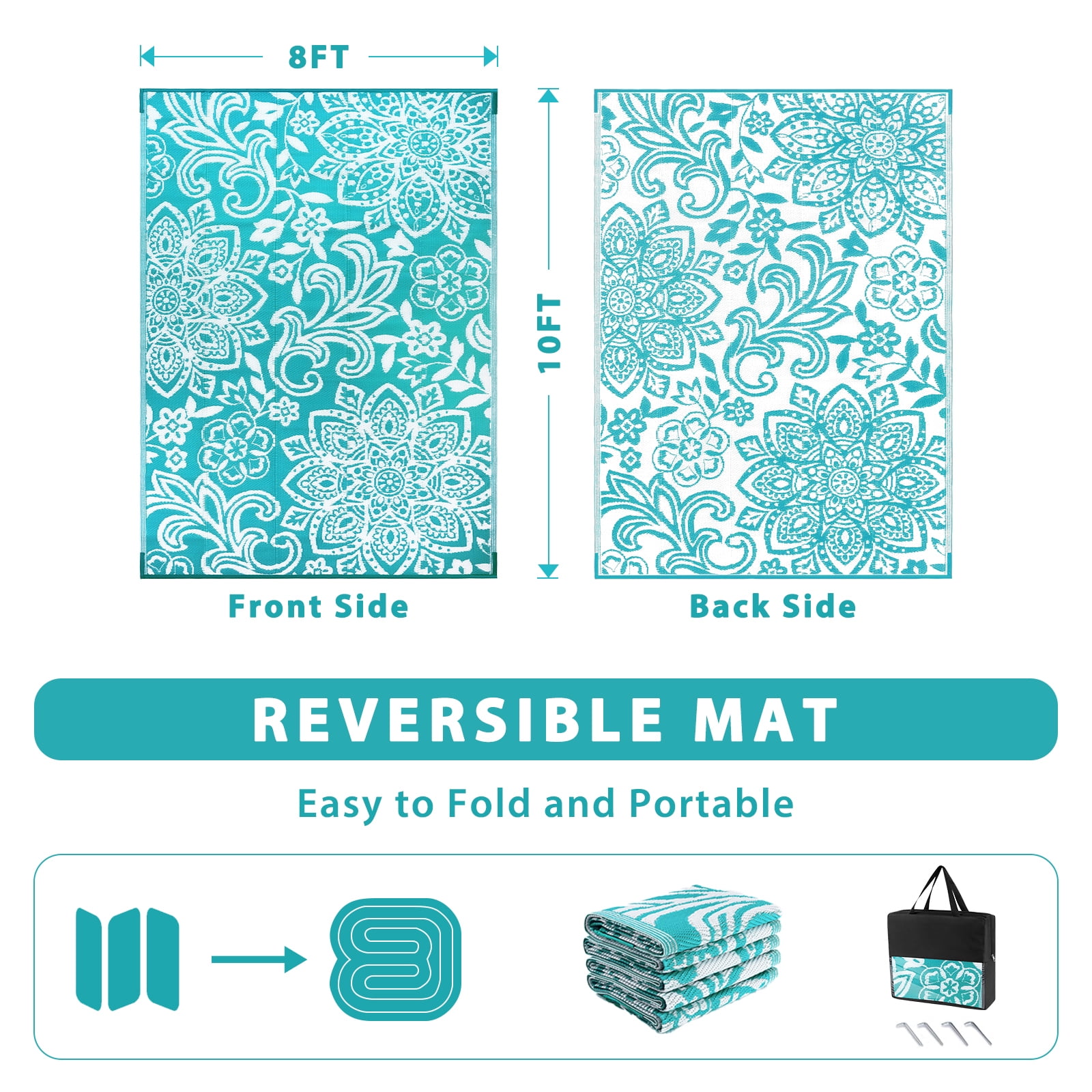 MJIAexp 8'x10' Beach Blue Outdoor Rug Patio Rug Waterproof RV Outdoor Rug Camping Rugs Reversible Plastic Straw Rug Large Outdoor Mat for Camping, Balcony Apartment, Patio, Porch, Picnic, Beach