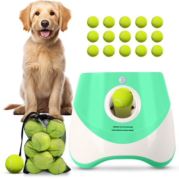 Automatic Dog Ball Launcher for Small Dogs, Indoor/Outdoor Interactive Dog Toy,USB Rechargeable Ball Thrower,10-30 Ft,Includes 15 Mini Tennis Balls,Green