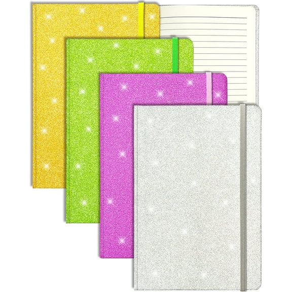 4 Pack Glitter Notebook, 8.3x5.7” 160 Lined Pages Glitter Never Peel Off Sparkle Journal for Wide Ruled A5 Hardcover Notebooks for Teens Women Writing Note Taking Office Work Gifts
