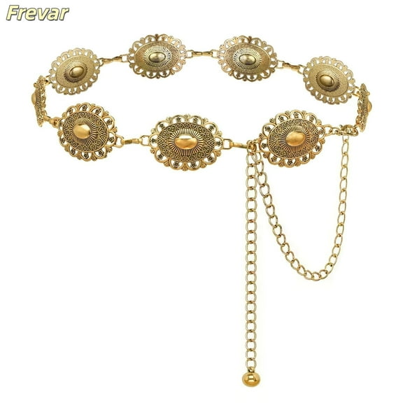Western Concho Chain Belt for Women, Boho Metal Belts For Country Concert Dresses Jeans Cowgirl Vintage Waist Belt, Gold