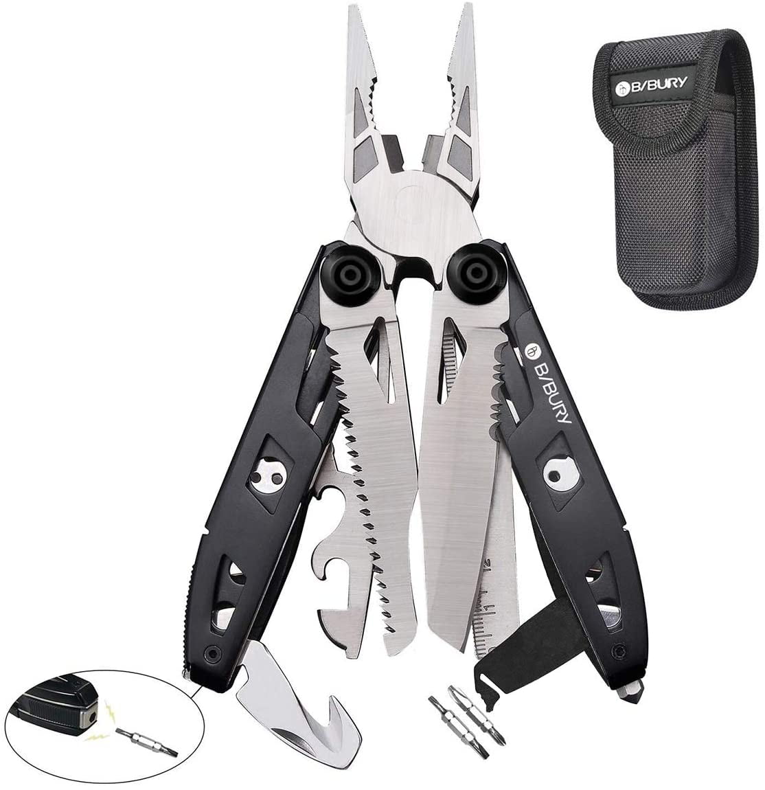 HRTGFD-Multitool Pliers, 18-in-1 Multi Tool with Safety Hammer, Safety Locking Design Stainless Steel Multifunction Pocket Knife for Outdoor, Survival, Camping, Hiking, Home Repair - Black