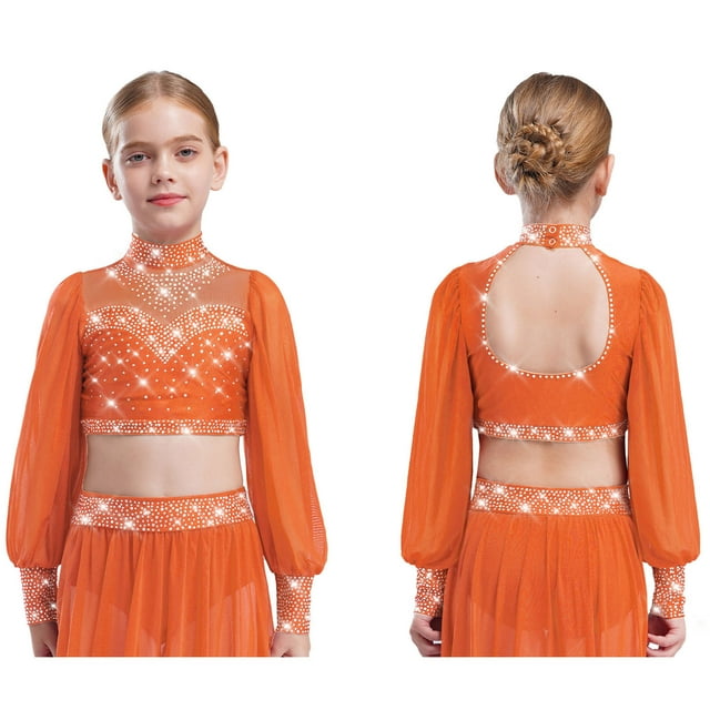 Yeahdor Kids Girls Sparkly Rhinestone Dance Crop Top Modern Latin Jazz Stage Performance Lyrical Dancewear Orange 16
