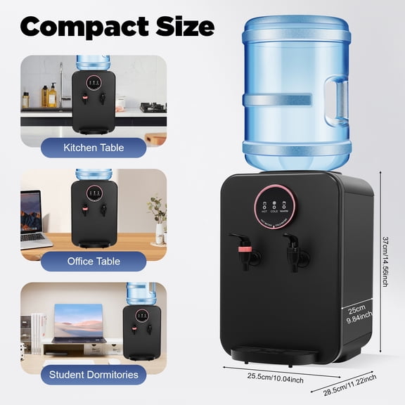 Top Loading Countertop Water Dispenser, Hot Cold Constant Temp Water Dispenser, Compact Black Desktop Water Cooler for Home Office Dorm