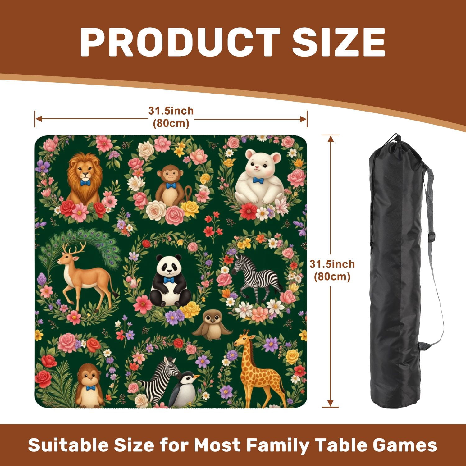 Mahjong Mat 31.5" x 31.5" Cute Animal Illustrations Floral Wreaths Dark Green Non-Slip Noise Reduction American Mahjong Tiles Table Cover for Dominoes Poker Card Board Games Gift