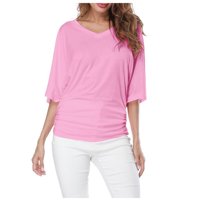 Plus Size Women's V Neck T Shirt: Batwing Sleeve, Loose Fit, Solid Color, Comfortable