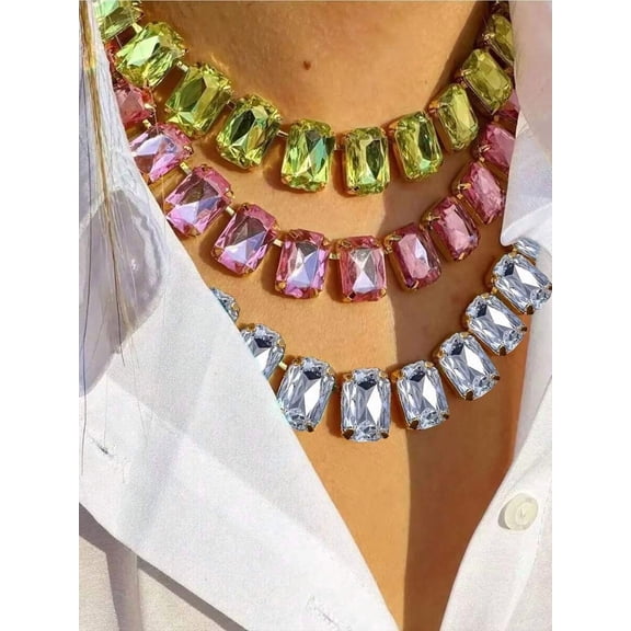 Multicolor Crystal Statement Choker Necklace With Square Faceted Stones