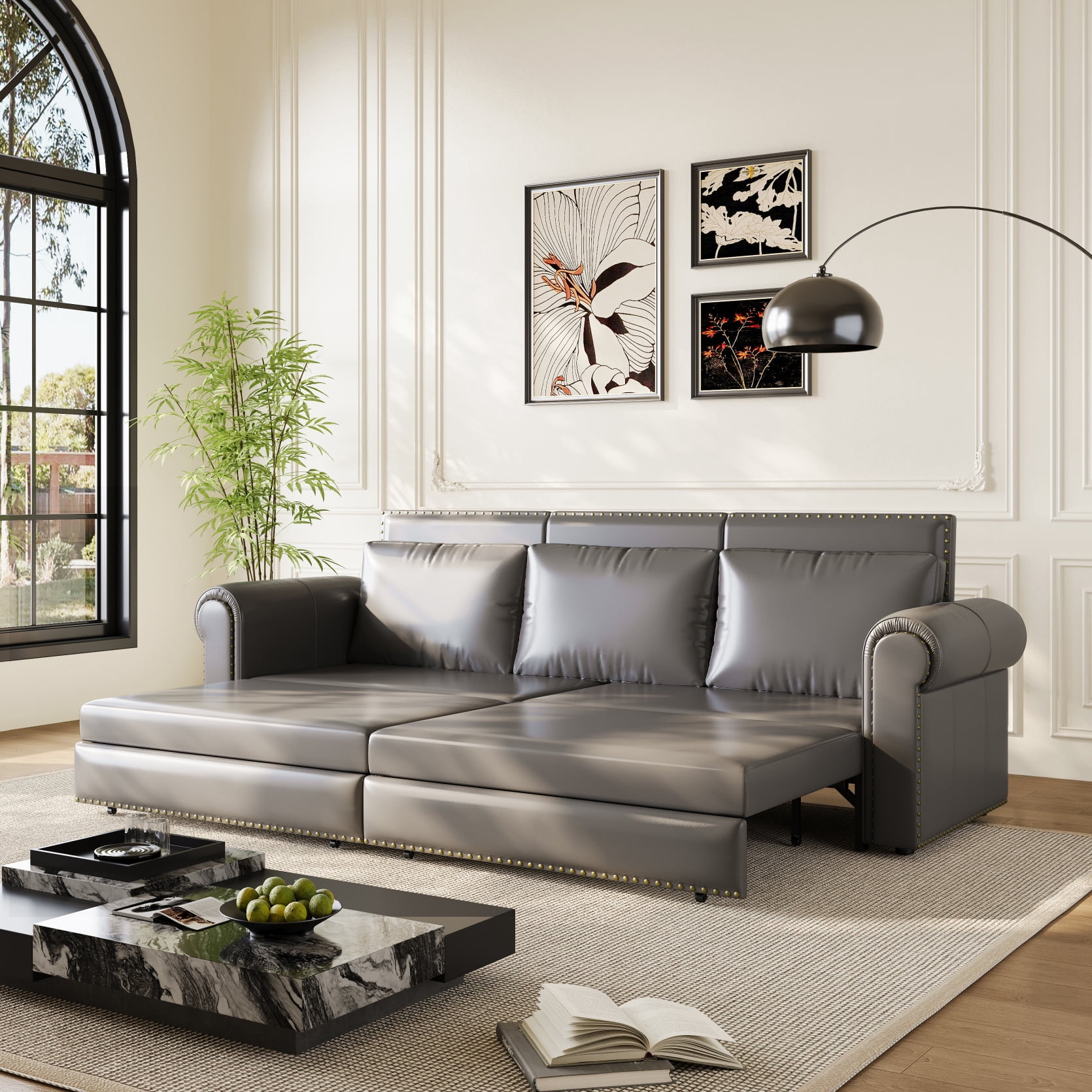 93.7" Chesterfield Sofa, King Pull Out Sofa Bed with Nailhead Trim, 3-in-1 Faux Leather Convertible Sleeper Sofa with Rolled Arm, for Apartments, Living Room, Grey
