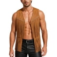 thumbnail image 2 of YFNNUP Men's Casual Suede Top Shirt Western Cowboy 70s Hippie Fringe Trim Open Front Cardigan Tassels Sleeveless Vest Jacket Waistcoat Khaki,XXL, 2 of 6