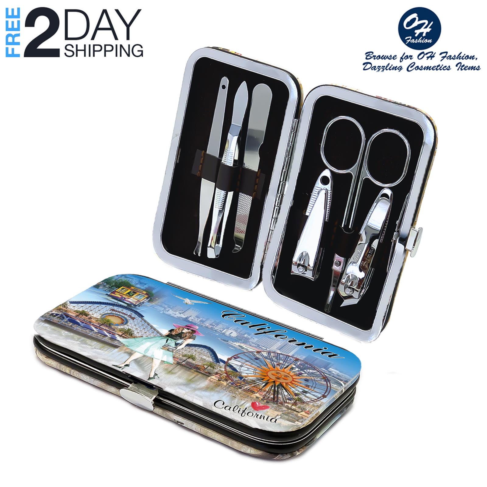 OH Fashion Travel Manicure Set London style, Nail Clipper, Cuticle trimmer, Pusher, Nail scissors, Tweezer, 6 pc in one travel case