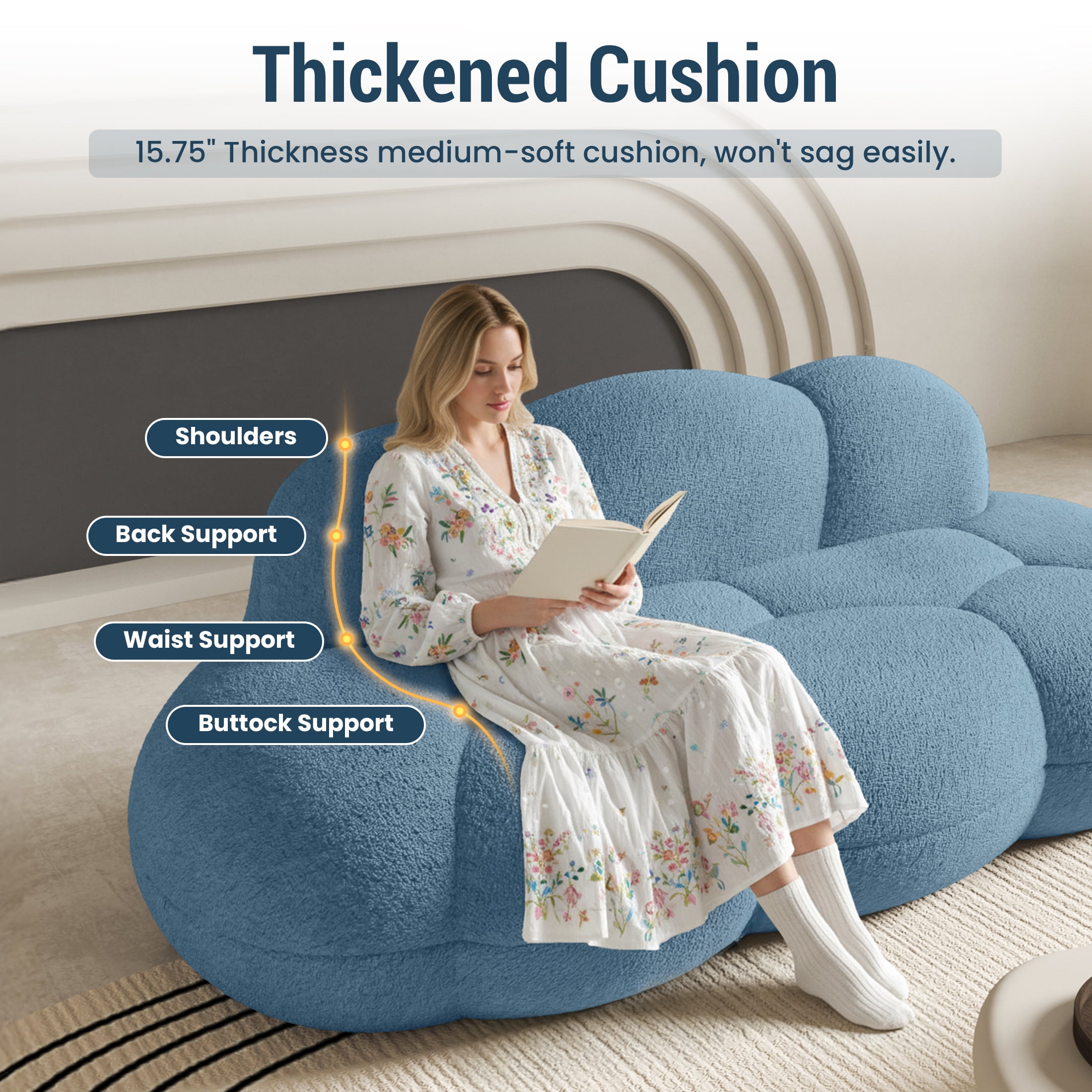 90" Modern Curved Cloud Shaped Couch for Living Room, Boucle LoveSeat 3 Seater Sofa, Upholstered Cloud Couch for Bedroom, Apartment, Small Space (Blue, No Assembly Required)