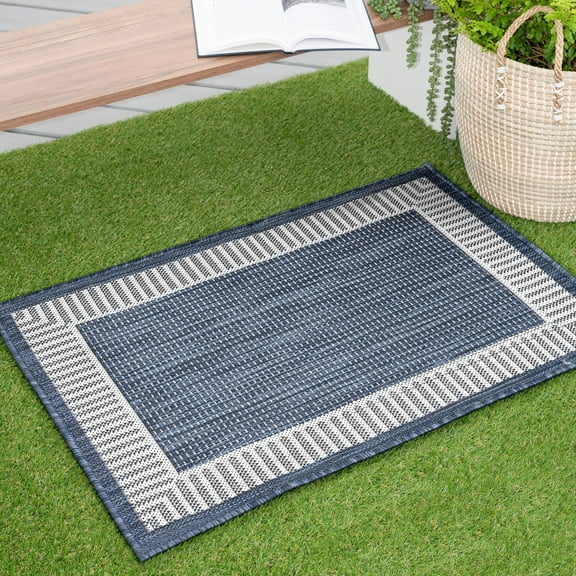 2x3 Water Resistant, Small Indoor Outdoor Rugs for Patios, Front Door Entry, Entryway, Deck, Porch, Balcony | Outside Area Rug for Patio | Navy, Striped Border | Size: 2' x 3'