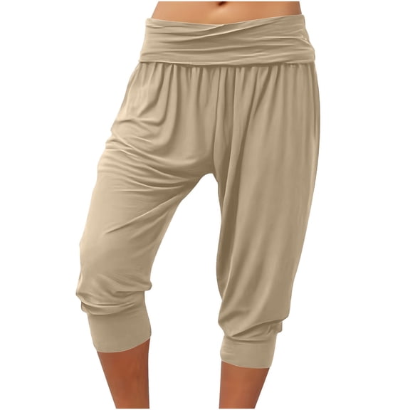 LYEAA Womens Capri Pants Summer Plus Size Breathable Joggers Breathable Solid Versatile Casual Trousers