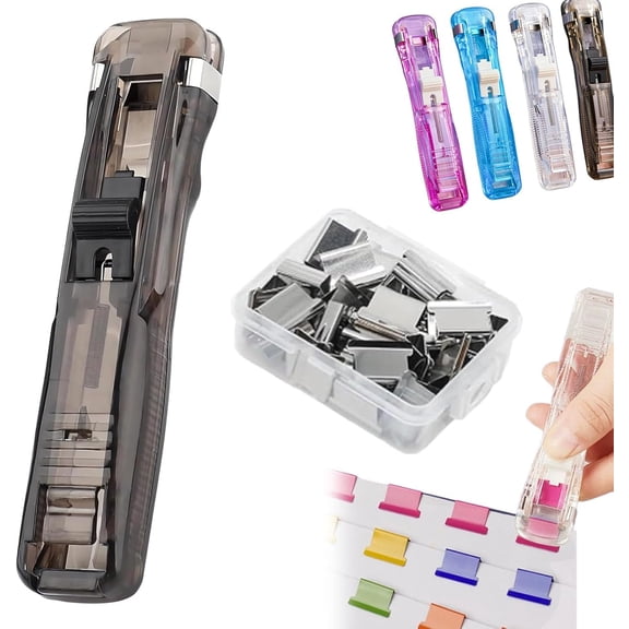 Portable Binder Clip Stapler - Includes 50 Reusable Clips, Reusable Creative Stapler, Handheld Paper Clam Clip Dispenser, Mini Push Stapler for Office Home(Black)
