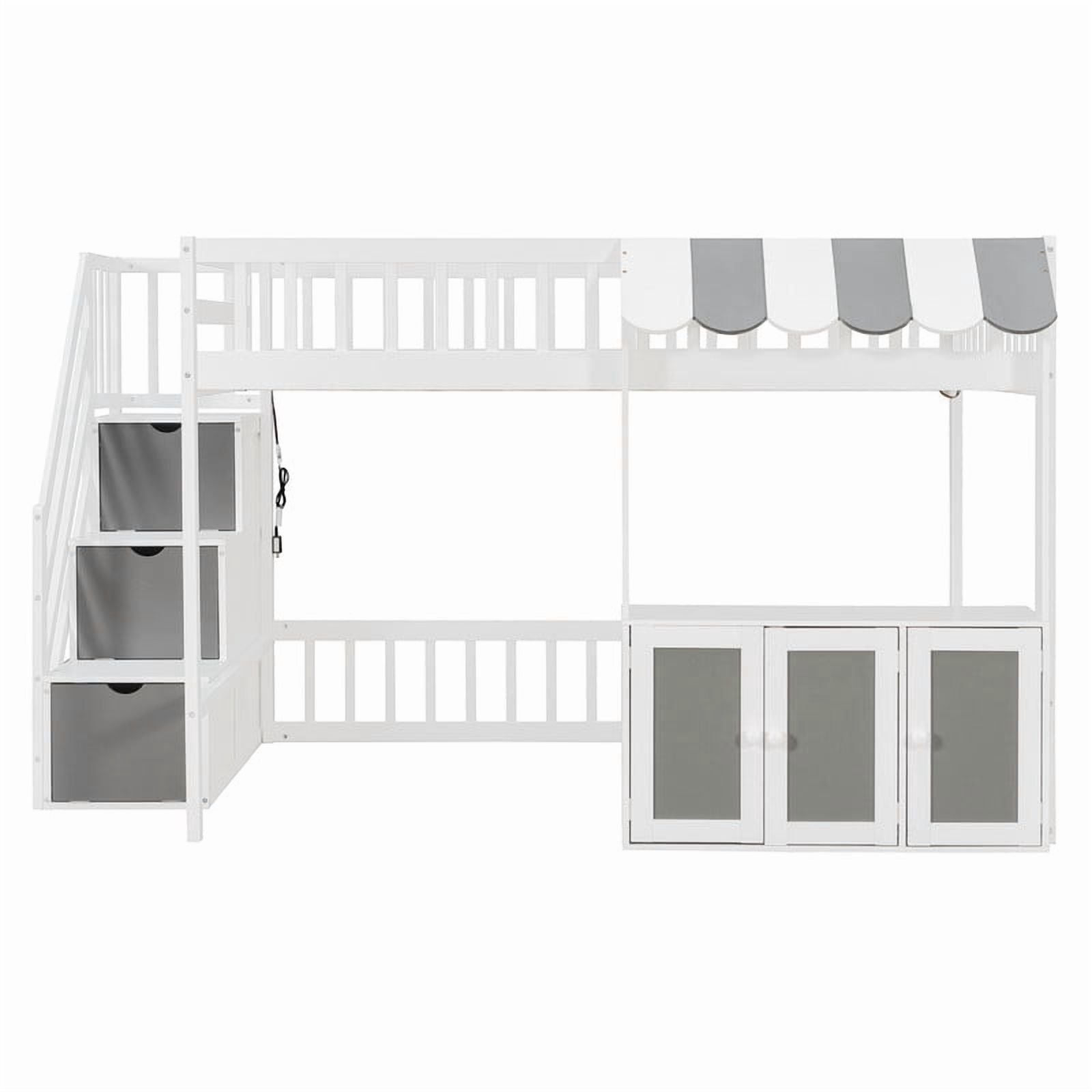 Full Size Playhouse Kids Loft Bed with Eaves Design, Wood Child Bed Frame with Storage Staircase, LED Light & Under Bed Cabinets