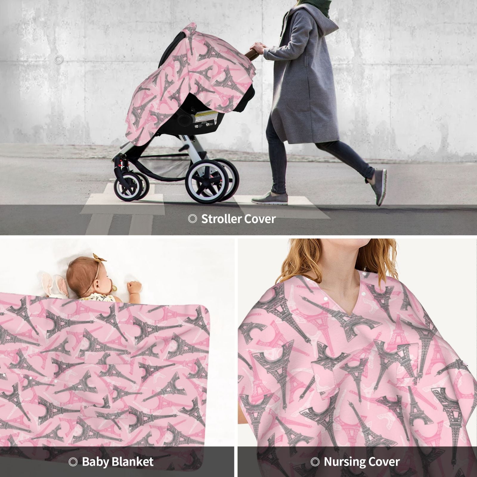 Car Seat Cover Baby - Eiffel Towers pink Breathable Infant Car Seat Cover for Baby Carseat, Lightweight Comfort Baby Essentials Must Haves Newborn Stuff for Girl Boy