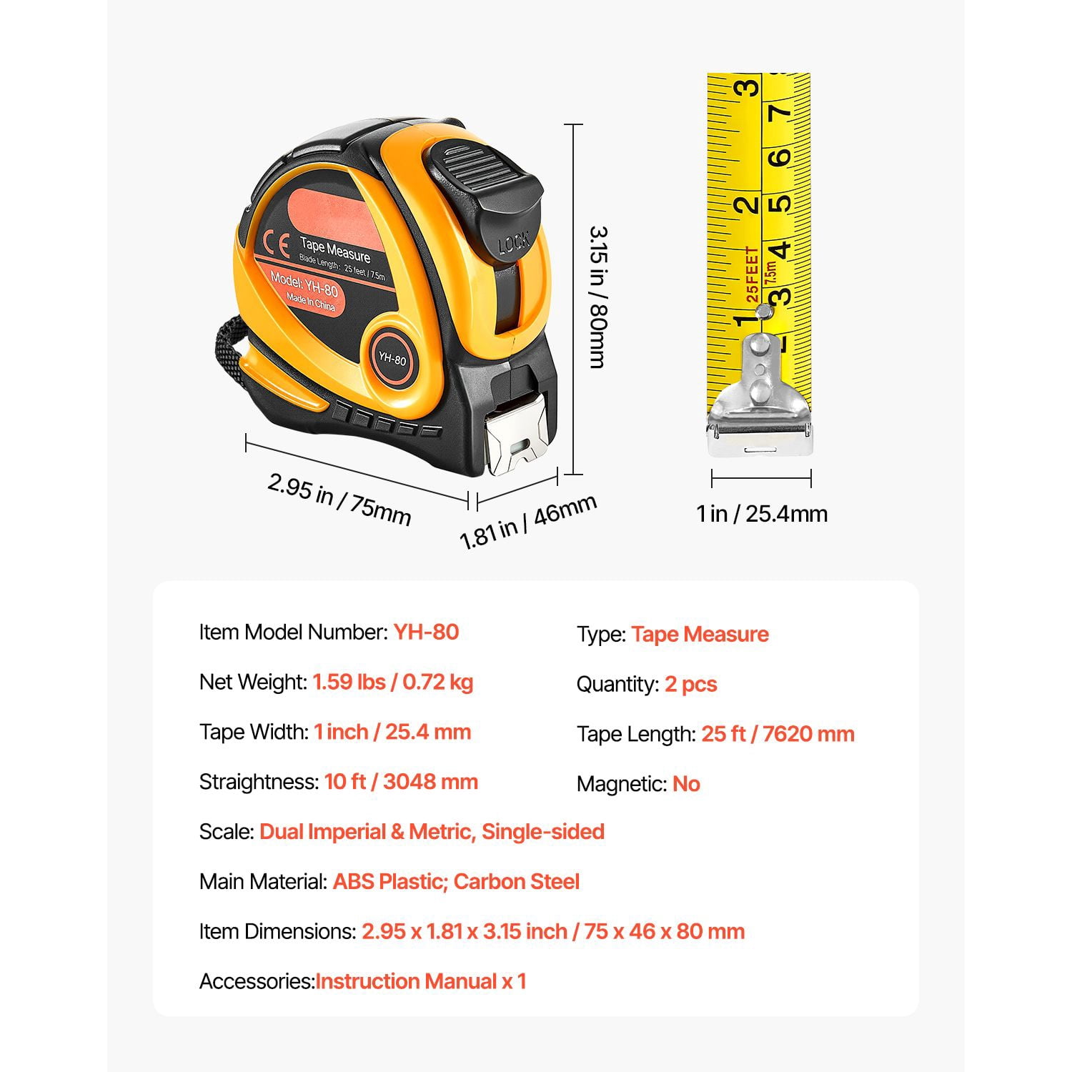 25ft Measuring Tape, ABS Impact-Resistant Shell with Carbon Steel Blade, Imperial and Metric Scale, Auto-Lock and Rewind, Compact Design for Home and Construction