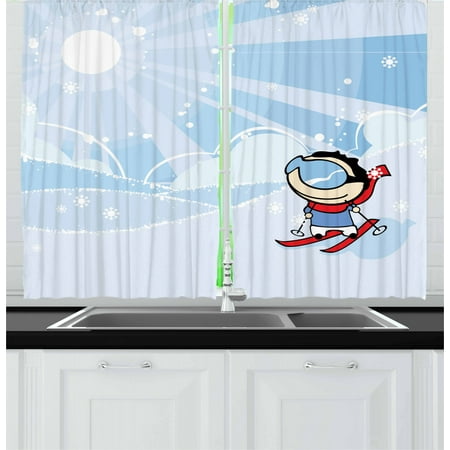 Kids Sports Curtains 2 Panels Set Cute Boy Skiing On The Mountain