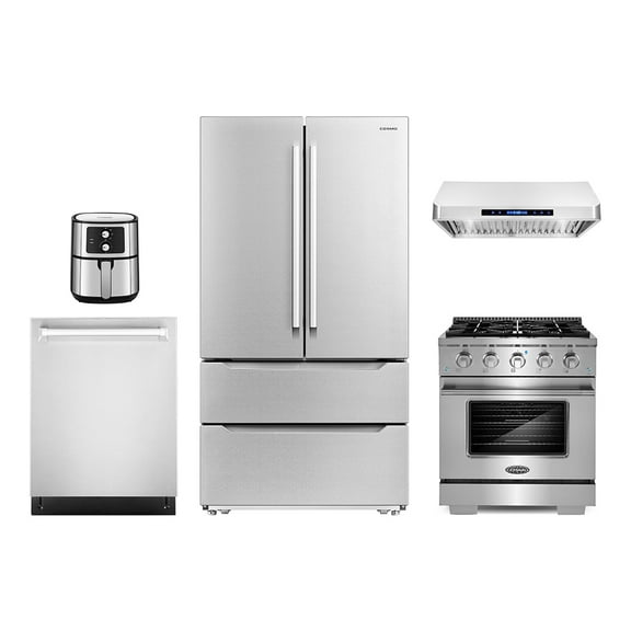 5 Piece Kitchen Package with 30" Freestanding Gas Range 30" Under Cabinet Range Hood 24" Built-in Fully Integrated Dishwasher French Door Refrigerator & 5.5L Electric Hot Air Fryer