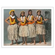 Four Hawaiian Hula Dancers - Vintage Hawaiian Color Postcard c.1880s - Fine Art Matte Paper Print (Unframed) 11x14in