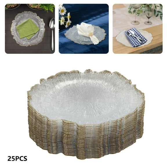 25 PCS PS Charger Plates Clear Table Charger Plates Dinner Charger Plates with Gold Flower-Shaped Rim Stackable Design Food Display