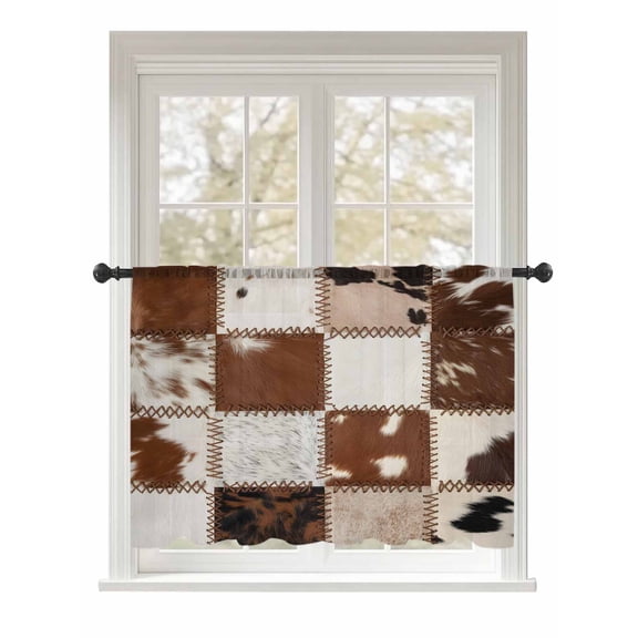 Sheer Curtains 54 Inch Length, Brown Beige Semi Sheer Curtains Light Filtering Window Treatment, Vintage Art Plaid Farmhouse Checkered Privacy Voile Drapes for Living Room Bedroom 52x54 Inch