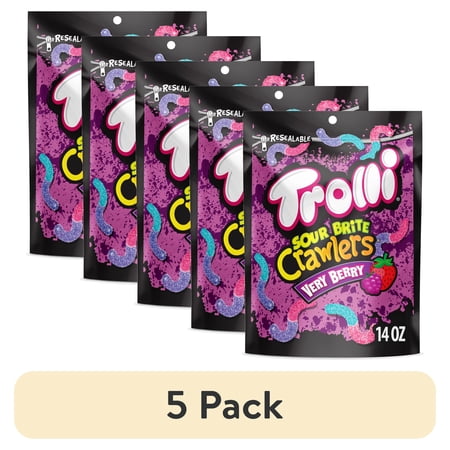 (5 pack) Trolli Sour Brite Crawlers Candy Very Berry Sweet and Sour Gummy Worms 14 oz