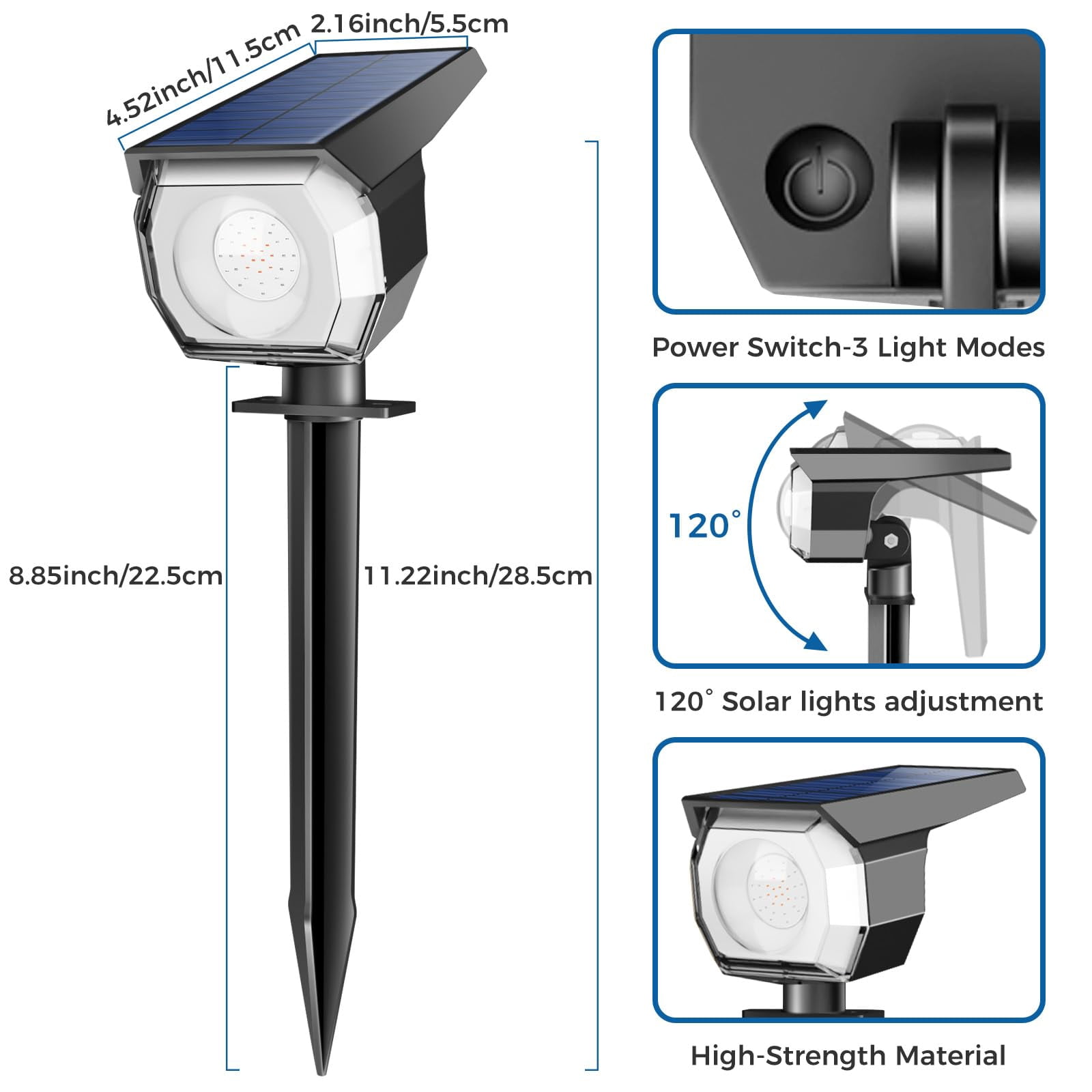 HOVMAP Solar Lights Outdoor COB LED Solar Spot Lights 1500mAh Battery 3 Modes IP65 Waterproof ABS 2 Pack for Garden Yard Pathway, 2Pc RGB light