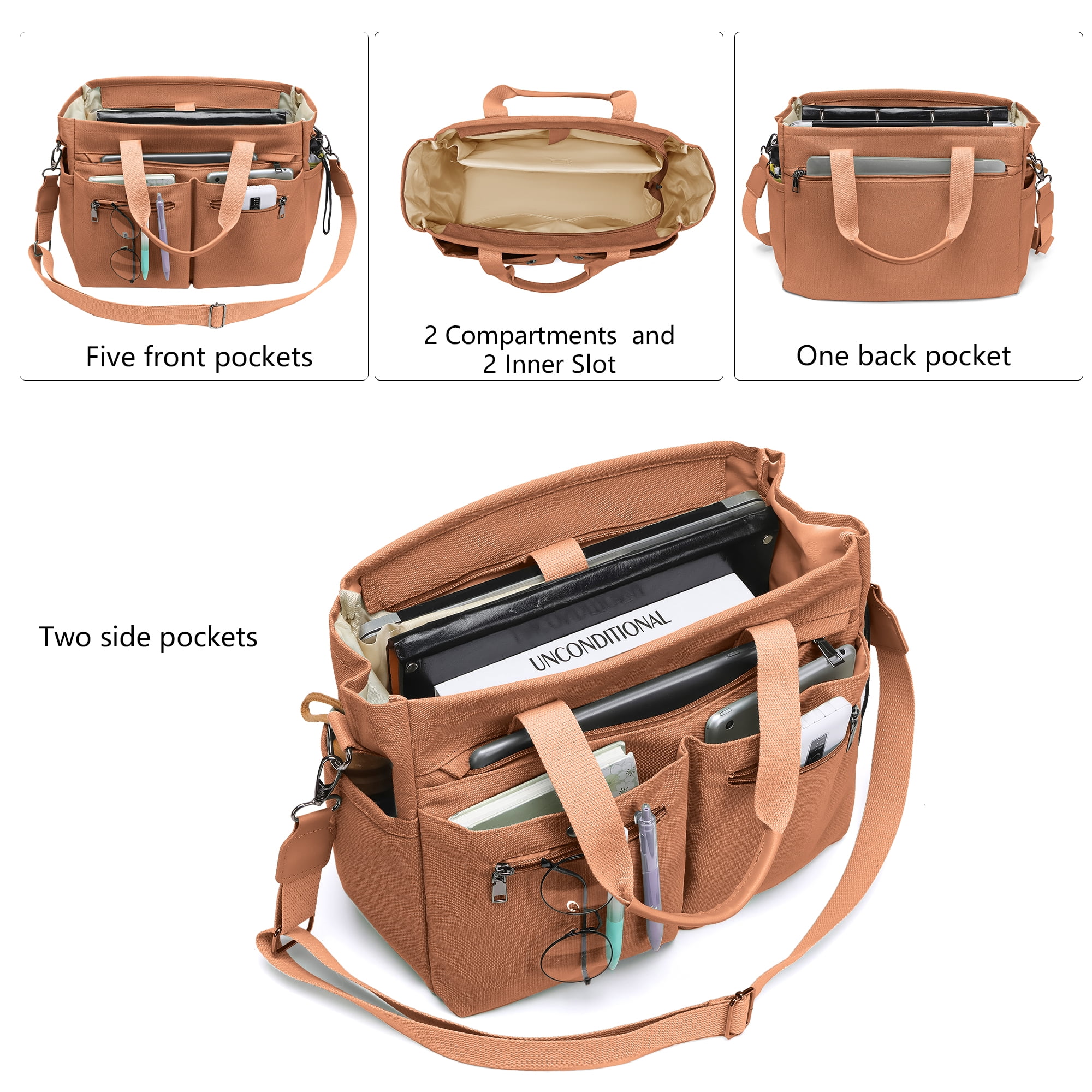2pcs/set Women'S Large Canvas Tote Bag - Multi-Pocket Laptop Work Bag, Crossbody Shoulder Hobo Messenger Handbag, Purse for Travel, Gym, and Everyday Use