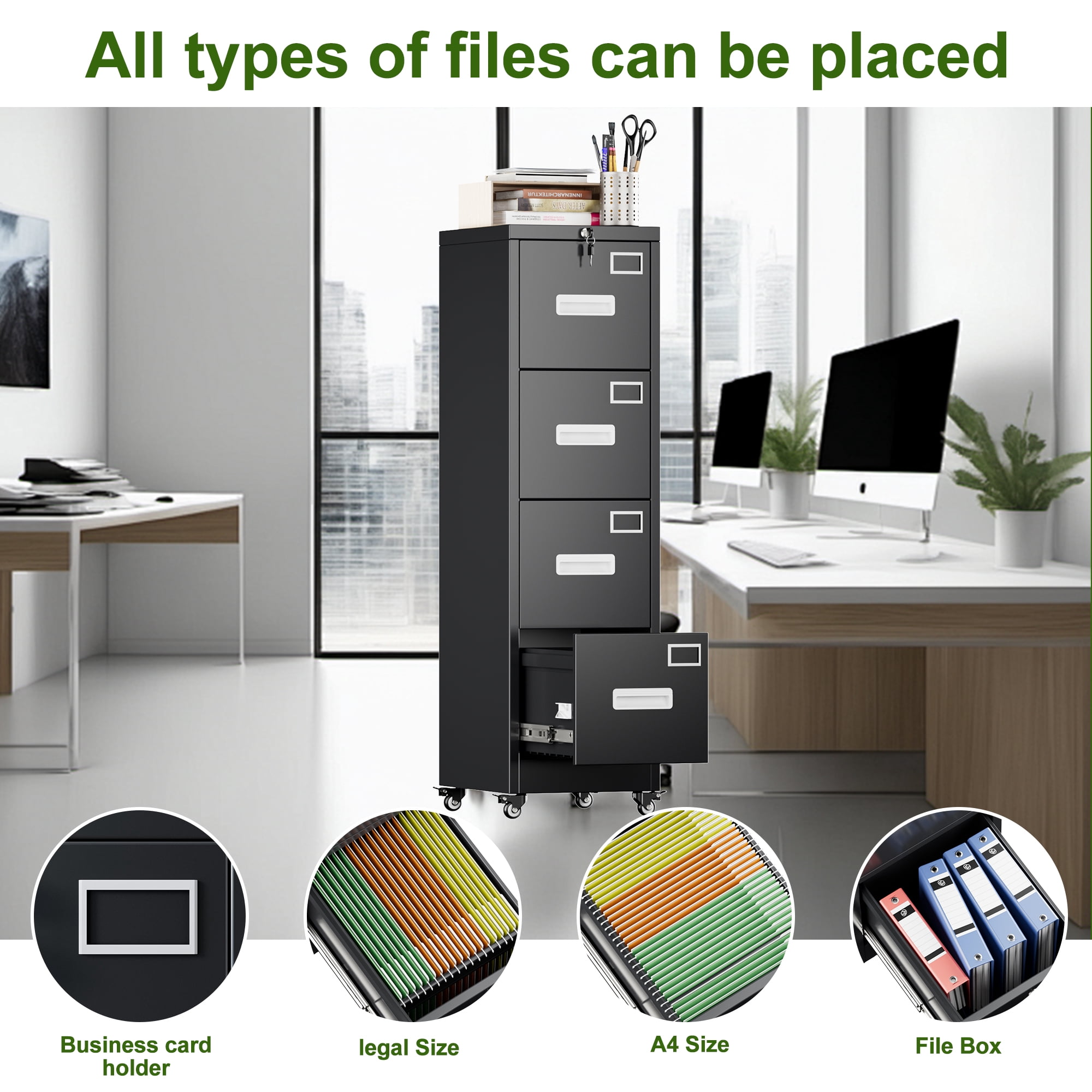 Aobabo 4 Drawer File Cabinet with wheels, Metal Vertical File Storage Cabinet with Lock, Office Home Steel Vertical File Cabinet for A4 Letter /Legal Size Assembly Required (Black)