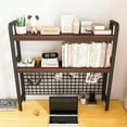 thumbnail image 4 of Desktop Hutch Bookshelf, 2-Tier Metal Desk Shelf with Grid Panel, Wooden Desktop Display Rack for Computer Monitor, Countertop Storage Organizer for Office Home Dorm (Black), 4 of 7