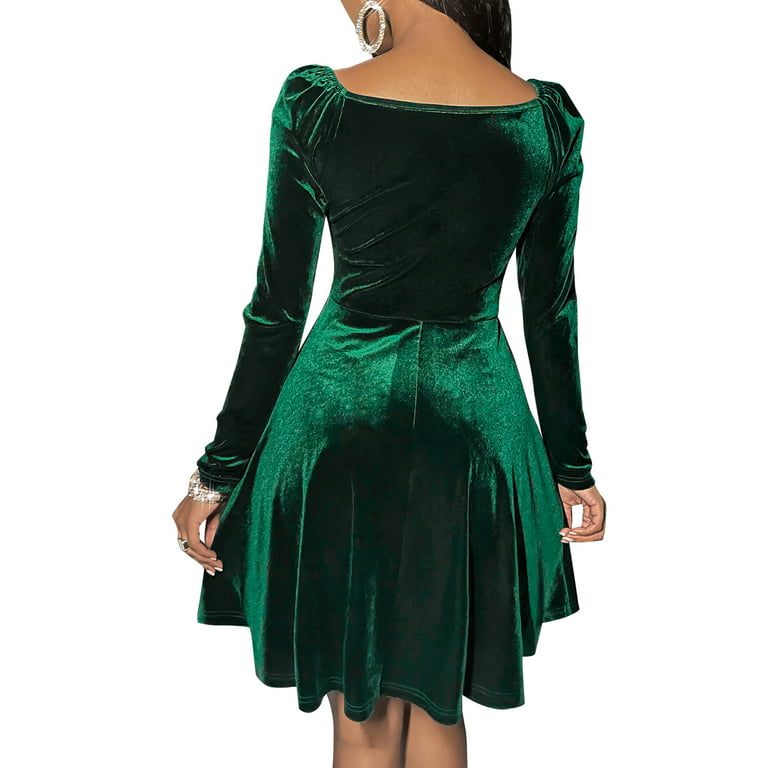 Women's Velvet Dress, V Neck Long Sleeve Solid Color A-line Dresses  One-piece Clothes for Club Party Wedding