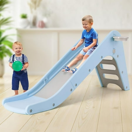 LAZY BUDDY Freestanding Kids Slide, Toddler Slide Play Climber with Basketball Hoop & Ball, Indoor Outdoor Baby Playset for Boys Girls Aged 3+