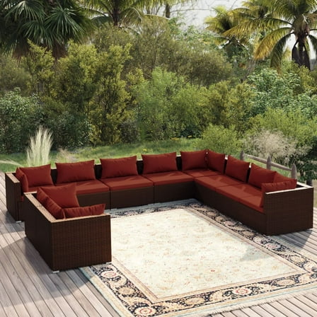 vidaXL 10 Piece Patio Lounge Set with Cushions Brown Poly Rattan, 3102515