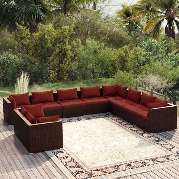 vidaXL 10 Piece Patio Lounge Set with Cushions Brown Poly Rattan, 3102515