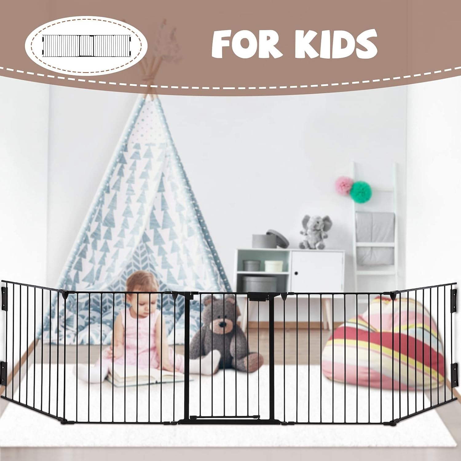 Blotout 118'' Wide Fireplace Safety Fence, Metal Baby Gate with Door, Safety Fence for Baby/Pets/Dogs, 5-Panel