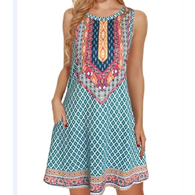 Vestido de verano para mujer Beach Boho sin mangas Vintage Floral Flowy Pocket Tee Tank Top Dress XL TUNC Sencillez