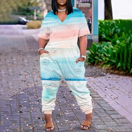 

Voncos Jumpsuits For Women Clearance- Wide Leg Casual Plus Size with Pockets Printed Womens Jumpsuits and Rompers Dressy Pink Size M