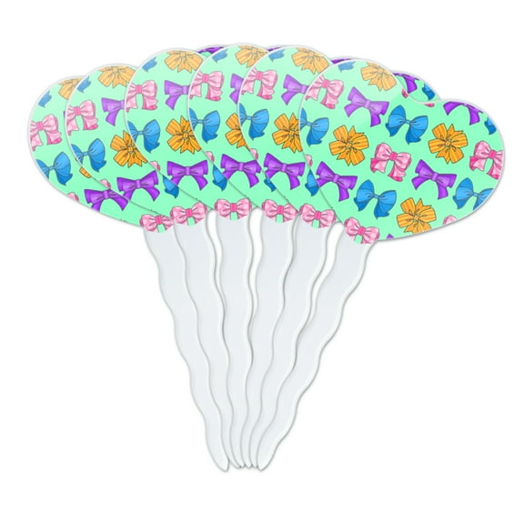 Cute Girly Ribbon Bows Set Heart Love Cupcake Picks Toppers Decoration Set of 6