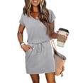 thumbnail image 5 of UoCefik Floral Dress for Women Wedding Guest Casual Fashion Short Sleeve Tie Waist T Shirt Dress Elegant Tie Front Midi Sundress Beach Travel Summer Holiday Dresses with Pockets Gray M, 5 of 5