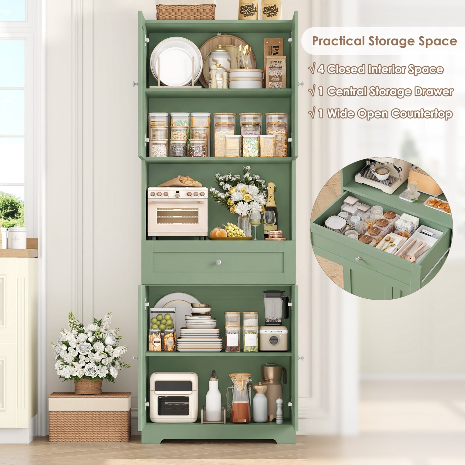 Homfa 67.5'' Tall Kitchen Pantry with Microwave Shelf, Large Storage Drawer Wood Pantry Storage Cabinet for Dining Room Living Room, Green