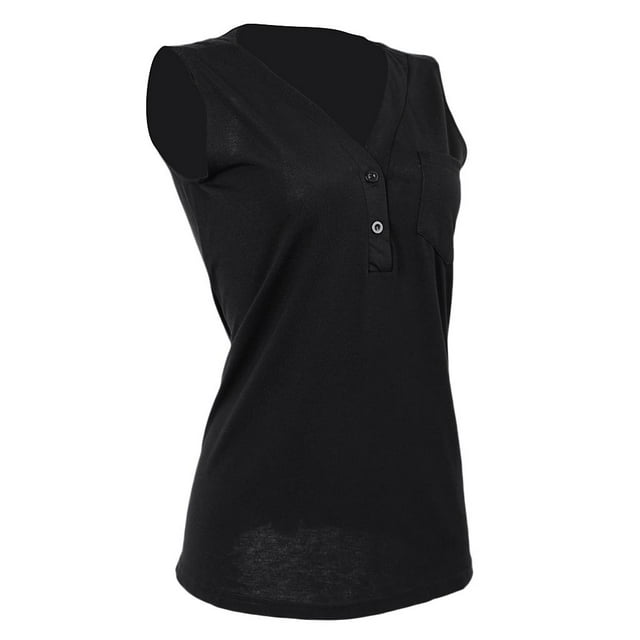 Sin Playera Cuello en V Algodon Plisadas Apariencia Atractiva Mujeres Black L